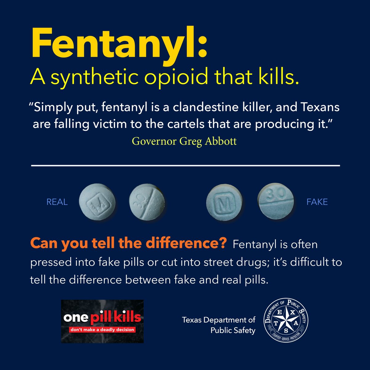TxDPS's tweet photo. Mexican drug cartels are mass-producing and trafficking counterfeit prescription pills laced with fentanyl into Texas. The reality is that many of these fake pills look so real that it’s hard to tell the difference between fake and real prescription pills.

#onepillkills https://t.co/xmyfqfqjer