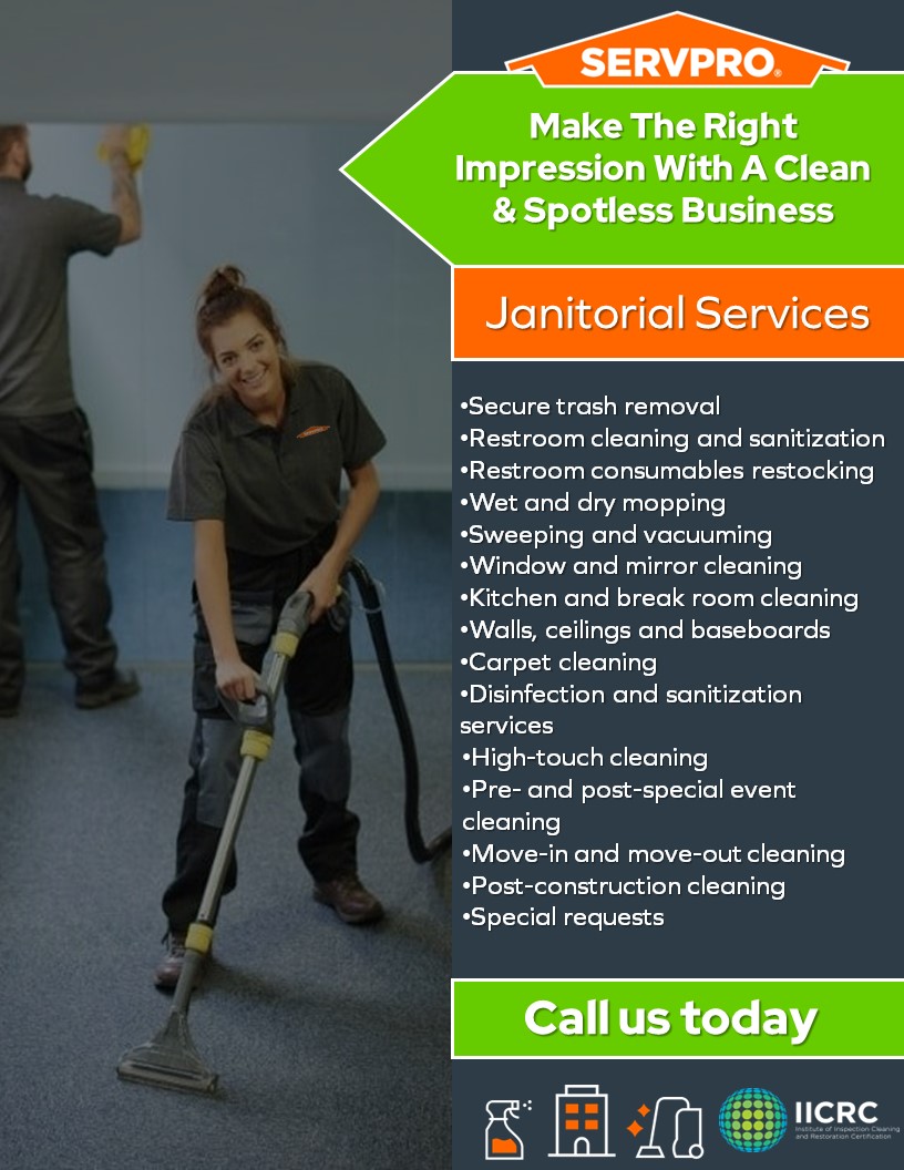 Say goodbye to the hassle of coordinating your internal staff responsible for maintaining your facilities. Whether you own a small business or a large office building, SERVPRO provides top-notch janitorial services for all your properties.