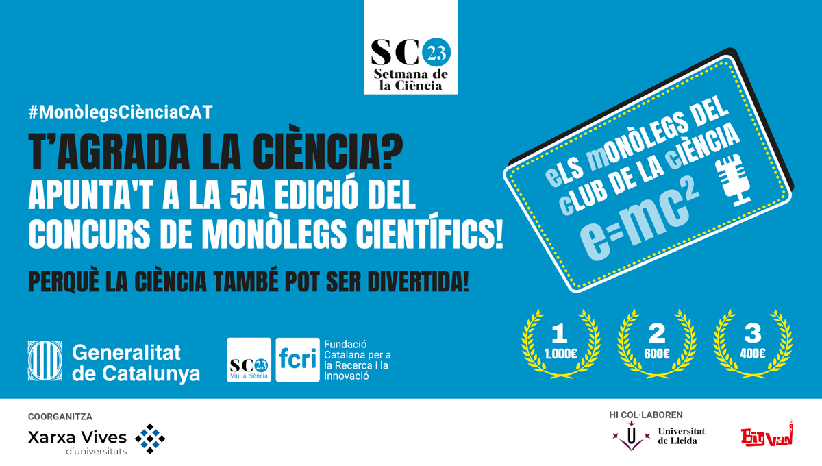Big Van Ciencia (@bigvanciencia) on Twitter photo Si t'agrada la ciència (i si estàs llegint això intuïm que així és) apunta’t a la 5a edició del concurs de Els Monòlegs del Club de la Ciència #MonòlegsCiènciaCAT
Consulta les bases del concurs:
setmanaciencia.fundaciorecerca.cat/frontend/asset…
Projecte de la <a href="/fundaciorecerca/">Fundació FCRI</a> Si t'agrada la ciència (i si estàs llegint això intuïm que així és) apunta’t a la 5a edició del concurs de Els Monòlegs del Club de la Ciència #MonòlegsCiènciaCAT
Consulta les bases del concurs:
setmanaciencia.fundaciorecerca.cat/frontend/asset…
Projecte de la <a href="/fundaciorecerca/">Fundació FCRI</a>