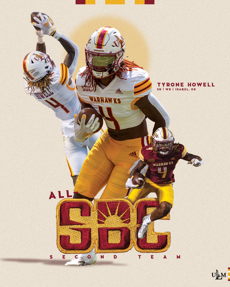 ULM super senior Tyrone Howell, who led the team in receptions (50), receiving yards (852) and touchdown receptions (6), has been named to the 2023 preseason All-Sun Belt Second Team, as selected by the conference’s head coaches and media panel. @TyroneRHowell #SunBeltFB