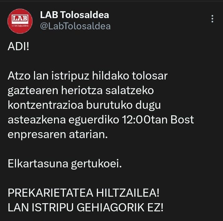 Gure elkartasuna familia, lankide eta gertukoei. 

PREKARIETATEA HILTZAILEA! 
LAN ISTRIPU GEHIAGORIK EZ!