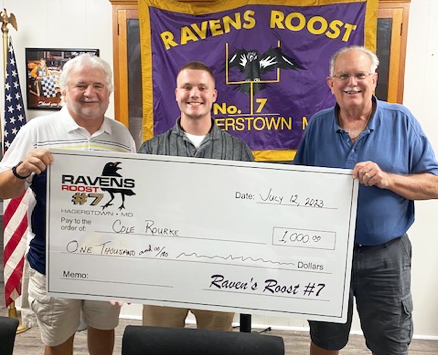 Ravens Roost No. 7 hosted recent Williamsport High School graduate Cole Rourke and his family at its monthly meeting and presented him with a check for $1,000 for assistance with his education.