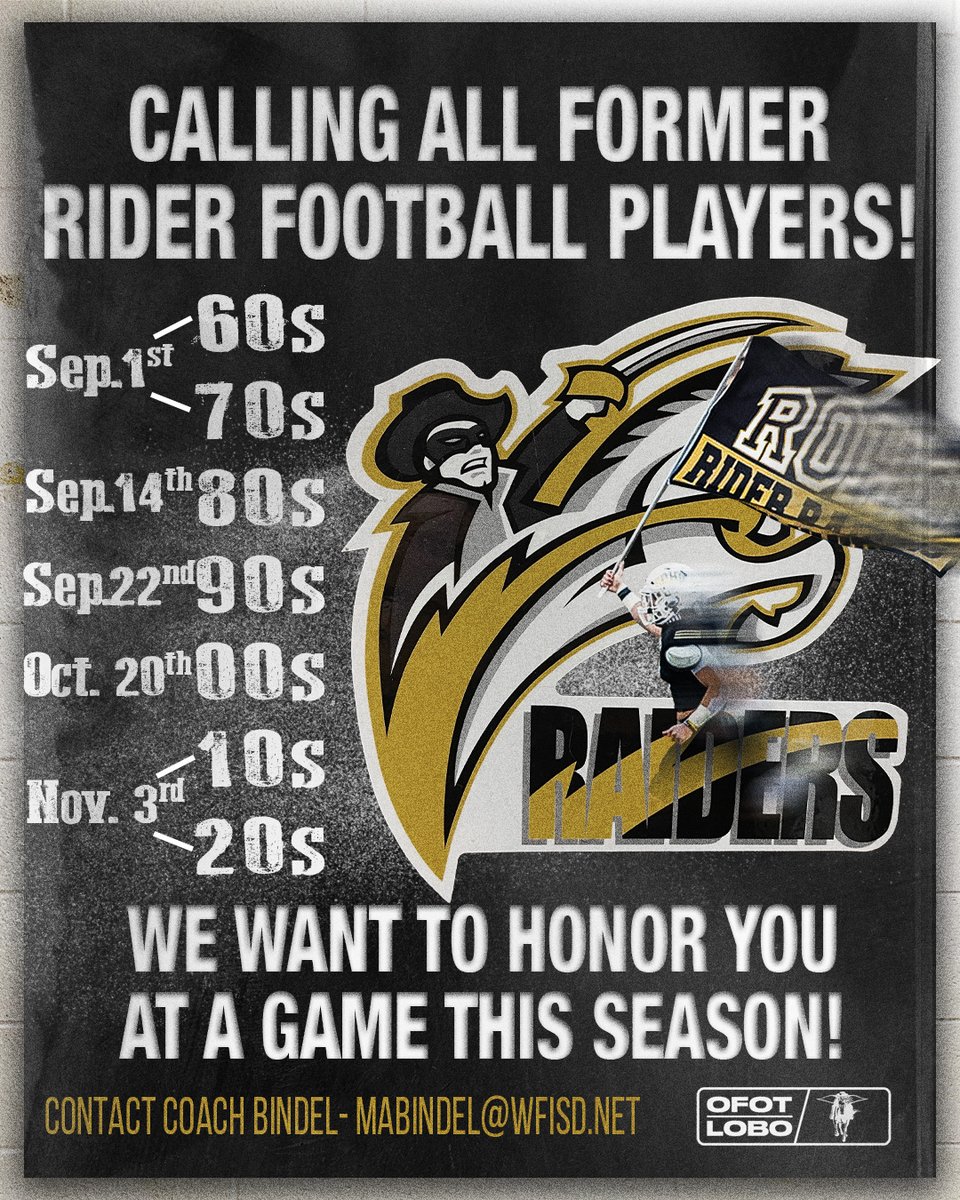 📲 DID YOU PLAY FOOTBALL AT RIDER?!

We want to honor all of our former Rider players at a game on our final season as Rider H.S.!

Please spread the word and contact <a href="/CoachBindel/">Marc Bindel</a> via email: mabindel@wfisd.net 

 #ROHO | #OFOT | #LOBO