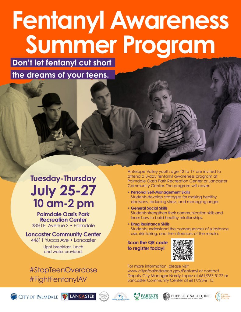 #FightFentanylAV  The Lancaster Community Center invites Antelope Valley youth, ages 12 to 17, to attend a 3-day fentanyl awareness program at the center starting tomorrow, July 25, through Thursday, July 27, from 10 a.m. to 2 p.m. To register, visit l8r.it/MupC.