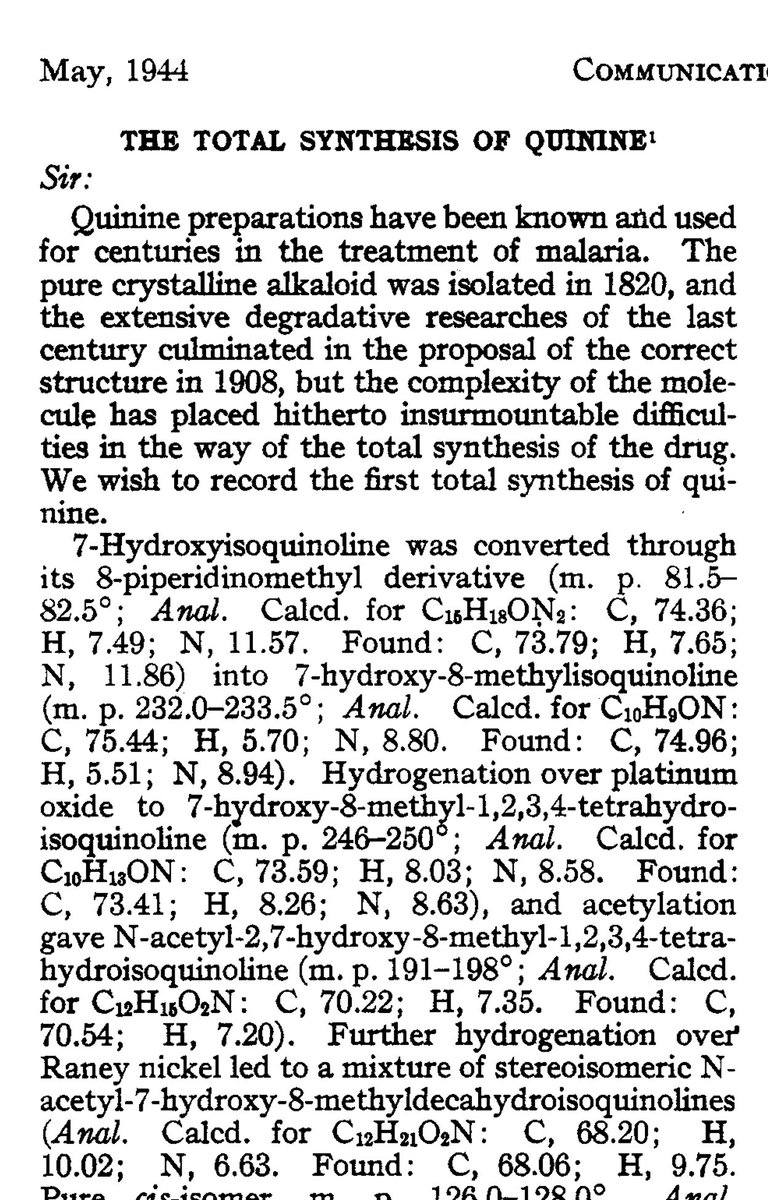 Chem_History's tweet photo. The first documented instance of the complete chemical synthesis of quinine can be found in the May 1944 edition of JACS. Renowned chemists R. B. Woodward and W. E. Doering employed 7-hydroxyisoquinoline as a precursor in this groundbreaking achievement.

#jacs #quinine https://t.co/Z79UwaF7Z4