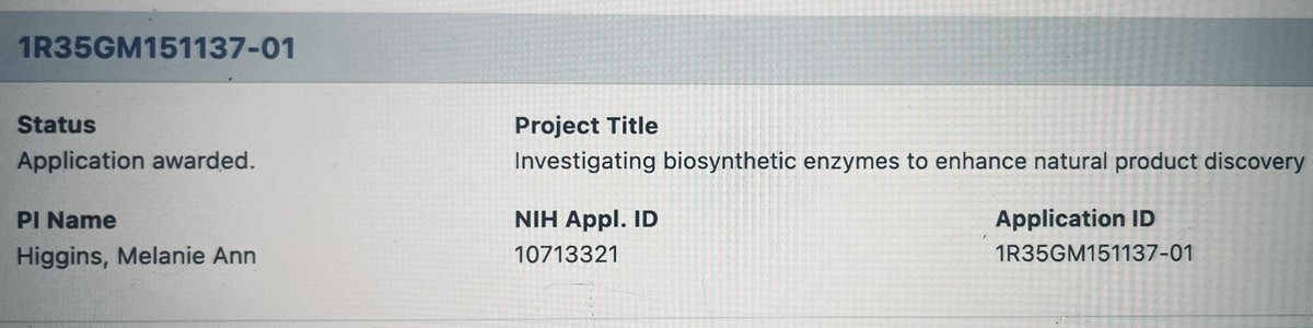 mhiggins237's tweet photo. Beyond excited to share that the Higgins lab has been awarded an @NIH @NIGMS  #R35 #MIRA to discover novel natural products and biosynthetic enzymes. A huge thank you to everyone who has helped make this happen. We can’t wait to get started! https://t.co/hGd18R3619