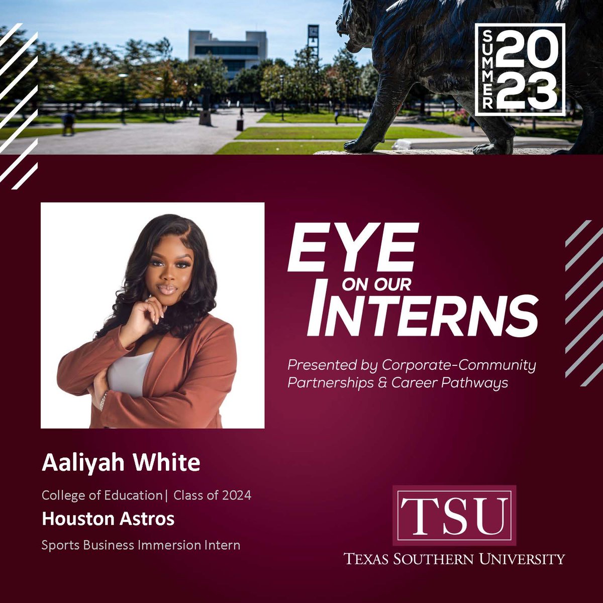 TexasSouthern's tweet photo. Aaliyah White is a Sports Business Immersion intern with the @astros. She's working in the corporate partnerships department. After graduation, she plans to expand her business consulting agency while becoming a sports agent. #TSUProud #TexasSouthern #TSU #TSUInterns https://t.co/yPOS2HMp4T