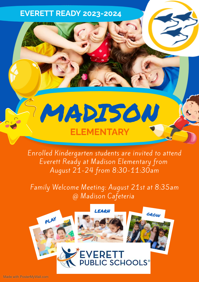 It's almost August, and that means- it's almost Everett Ready Time! Kindergarteners who are enrolled at Madison Elementary are invited to attend Everett Ready from August 21-24 at Madison. Looking forward to meeting our newest Madison families 💙 <a href="/EverettSchools/">Everett Public Schools.WA</a>