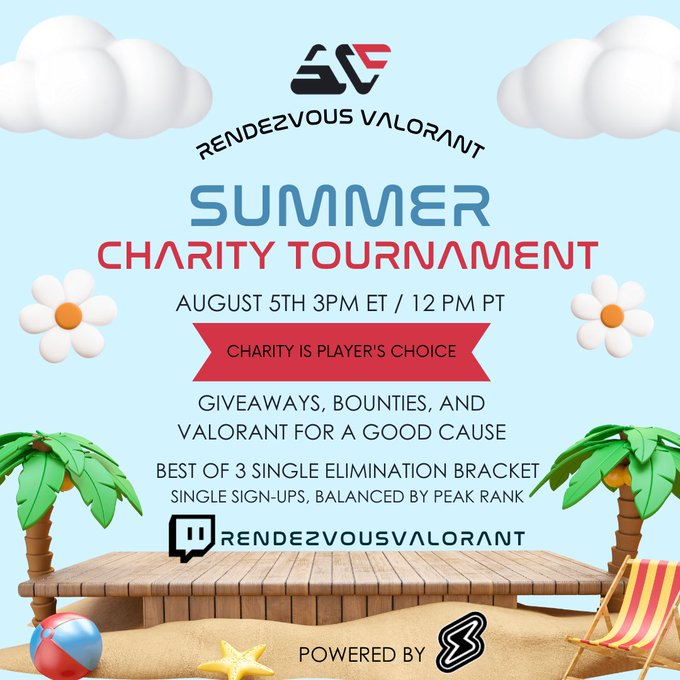 RendezvousVal's tweet photo. **SUMMER CHARITY TOURNAMENT NOTICE**  

RDV #Valorant will be hosting a Summer Charity Tournament on August 5th!  

We will have player &amp; donator giveaways as well as Twitch giveaways for the viewers!  

Join the sever for more info or join to sign-up &amp; play!

@ValorCentral https://t.co/ySvbTwSjYp