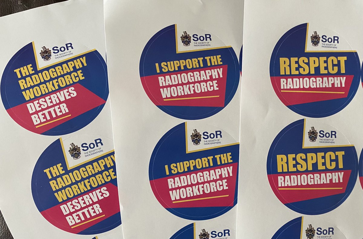 Stickers at the ready. So great to see colleagues supporting our strike action. There’s a shortage of radiographers now. No point screening  patients then not having the T rads to treat cancer patients. No other profession can do what we do #respectradiography
