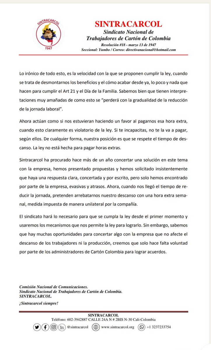 Sintracarcol's tweet photo. Comunicado seccional #Yumbo @Sintracarcol. 
Empresas en el país están inventando cuanta excusa pueden para incumplir ley de reducción de jornada laboral.
#NoRepitamos la historia en #Colombia de violencia en contra del movimiento sindical.
Únete al Sindicato‼️ https://t.co/TAwZIYWfVI