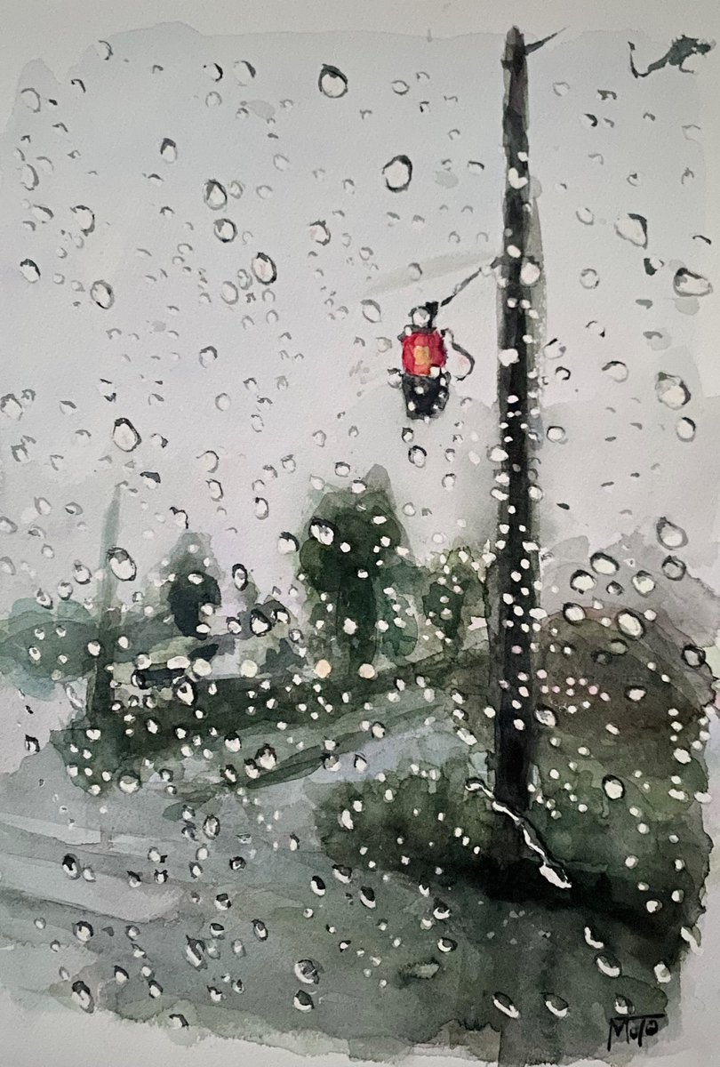 「『 信号待ち 』 透明水彩、ランプライト紙 #水彩画 #赤信号 #夕立」|モトジママサユキのイラスト