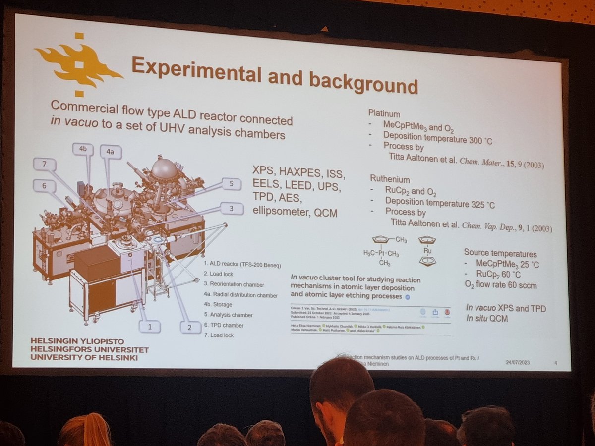 Heta Nieminen from <a href="/HelsinkiALD/">HelsinkiALD</a> discussing Pt and Ru mechanisms at the #ALDALE2023 student award talks! Peep the <a href="/beneqcorp/">Beneq Corporation</a> TFS 200 on their UFO characterization cluster tool 😉