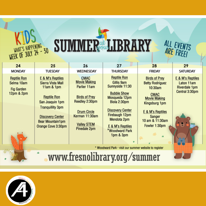 Exciting summer activities await! Discover the latest local events at @FCPL. Don't miss out on the fun! Check out the full calendar for all ages until July 31 now at fresnolibrary.org/summer.  
#FresnoLibrary 
#SummerAtYourLibrary 
#FresnoKids 
#A4FUSD 
#FUSD