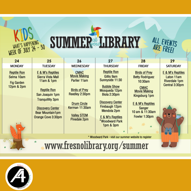 A4Fusd's tweet image. Exciting summer activities await! Discover the latest local events at @FCPL. Don&apos;t miss out on the fun! Check out the full calendar for all ages until July 31 now at fresnolibrary.org/summer.  
#FresnoLibrary 
#SummerAtYourLibrary 
#FresnoKids 
#A4FUSD 
#FUSD