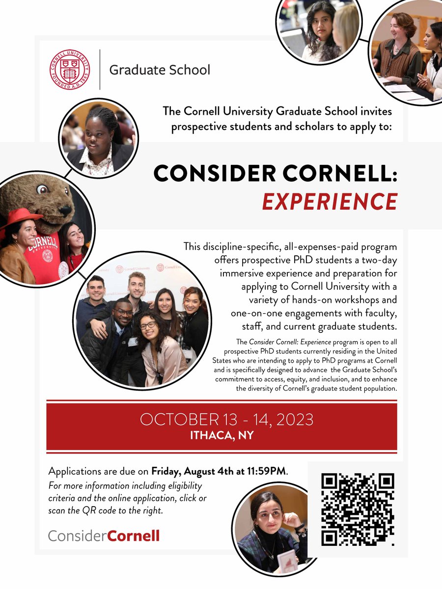 Apply by August 4 for Consider Cornell: Experience (Oct. 13-14, 2023, Ithaca, NY), a two-day, on-campus, expense-paid PhD preview program. Learn more and apply at cornell.ca1.qualtrics.com/jfe/form/SV_8J…