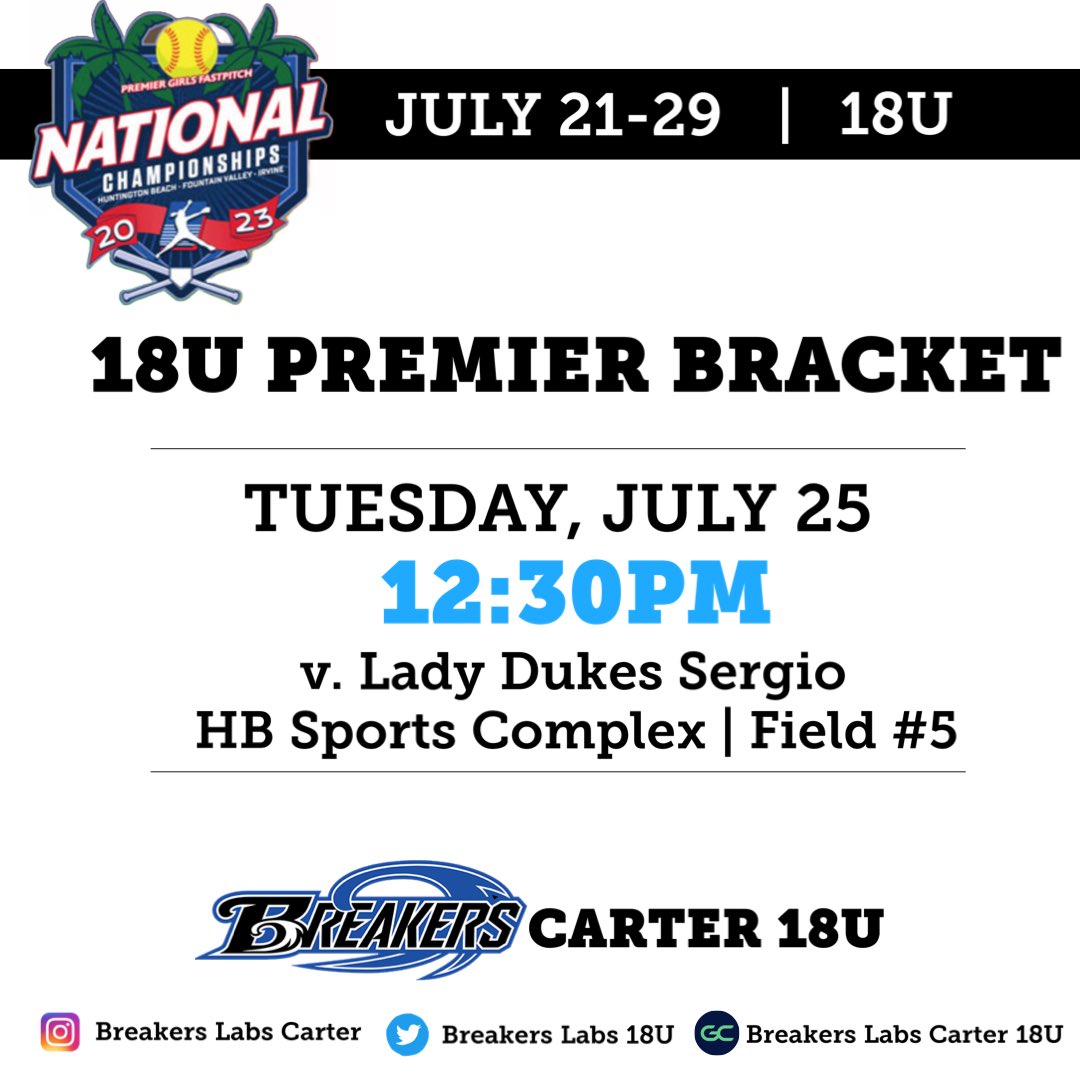 BreakersLabs16G's tweet photo. We are playing tomorrow!! 
Bracket play starts, let’s go Breakers Labs! 

🗓️: July 25th
⌚️: 12:30pm
🥎: v Lady Dukes Sergio
📍: HB Sports Complex, Field 5

@pgfnetwork #breaklabscarter #fastpitchsoftball #pgfnationals #playpgf https://t.co/jU1Hwp2yay