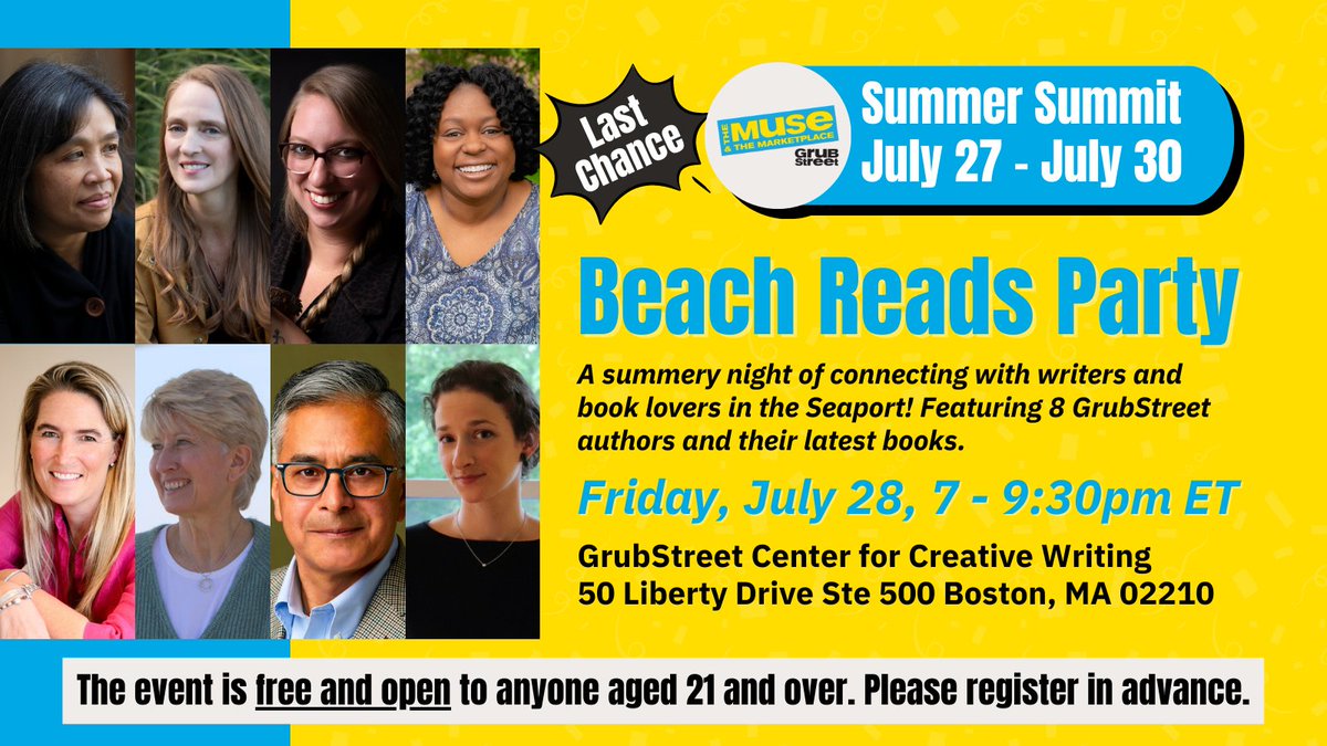 Tonight's the night! 🌊 Join us for a summery evening of connecting with writers and book lovers in the Seaport! Featuring 8 Grub authors and their latest books. 📚 #Muse23's Beach Reads Party is #free and open to anyone +21. RSVP here: bit.ly/44uECaN