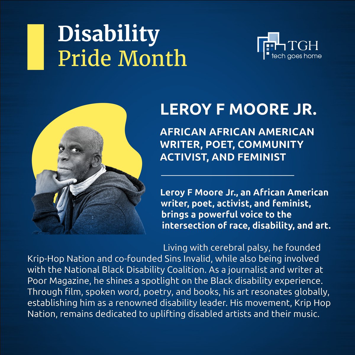 Today we honor Leroy F Moore. Founder of @kriphopnation, Moore is an African American #writer, #poet, #activist, and #feminist. Moore brings a powerful voice to the intersection of #race, #disability, and #art. So grateful to this #InspirationalLeader 🙌 #DisabilityPrideMonth