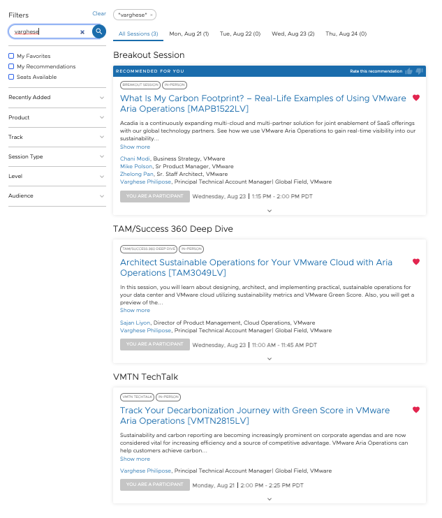 VPhilipose's tweet photo. If you are planning to attend #VMware Explore 2023 Las Vegas, the Content catalog is open for scheduling, and I will be speaking in three sessions at VMware Explore 2023 Las Vegas on #Sustainability #AriaOperations #ESG #VMwareCXS https://t.co/XTuFO3Xy3A https://t.co/7wlsBb5HJX