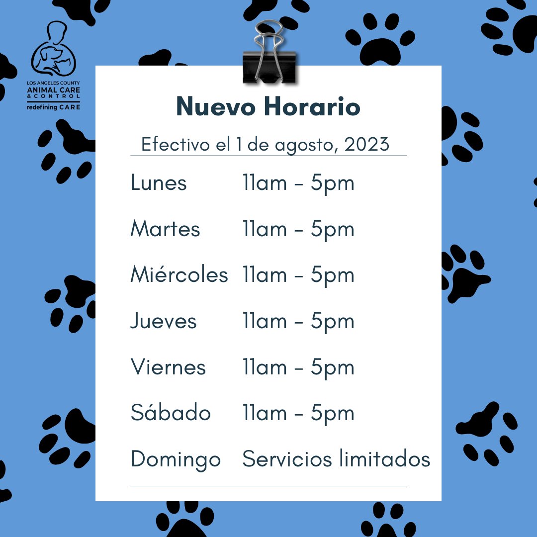 DACC is pleased to announce new hours at all seven of our care centers! 🐱 🐶 🕘 The new public hours: Monday to Saturday: 11:00 am to 5:00 pm Sundays: Limited services (kennels closed, customer service center open) Come visit us soon to meet your new best friend ❤️ 🐾