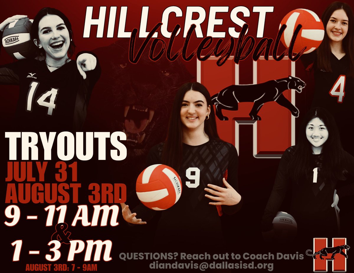 Hillcrest Volleyball (@hillcrest_vb) on Twitter photo Volleyball season is right around the corner!
Come tryout and be a Panther!
8/3* tryout time does change
#PantherPride #CrestSide #RecruitTheCrest
@hs_hillcrest <a href="/PanthersHHS/">Hillcrest HS</a> <a href="/dallasathletics/">Dallas ISD Athletics</a> Volleyball season is right around the corner!
Come tryout and be a Panther!
8/3* tryout time does change
#PantherPride #CrestSide #RecruitTheCrest
@hs_hillcrest <a href="/PanthersHHS/">Hillcrest HS</a> <a href="/dallasathletics/">Dallas ISD Athletics</a>