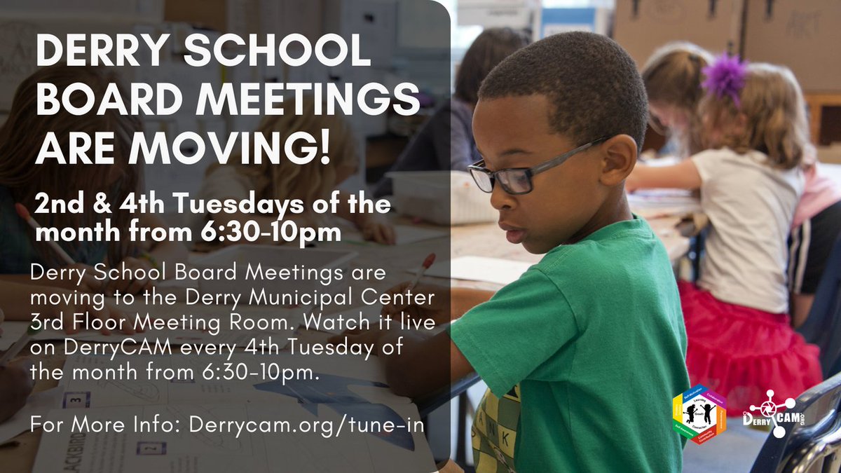 Just a reminder! Tomorrow's School Board Meeting will be held at the 3rd Floor Meeting Room of the Derry Municipal Center! Watch it live tomorrow at 6:30pm on Comcast Channel 17 or Derrycam.org/Tune-in