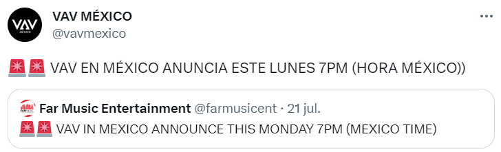 vavmexico's tweet photo. VAMPZ NO OLVIDEN QUE HOY DARÁN INFORMACIÓN DE VAV EN MÉXICO EN @farmusicent https://t.co/alKxpfA2uM