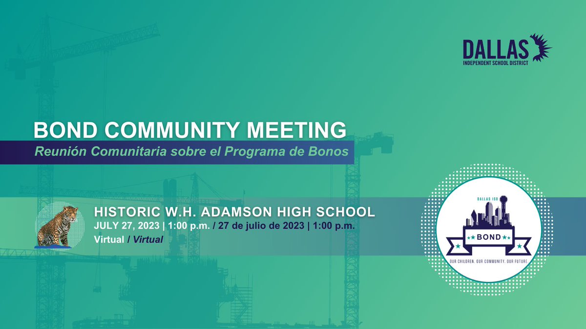 Lo invitamos a una reunión comunitaria para platicar sobre las renovaciones de la histórica Adamson High School (en Oak Cliff). La reunión se llevará a cabo de manera virtual el jueves, 27 de julio de 2023, a la 1:00 p.m. Detalles de la reunión: dallasisd.org/BondNews#Build…