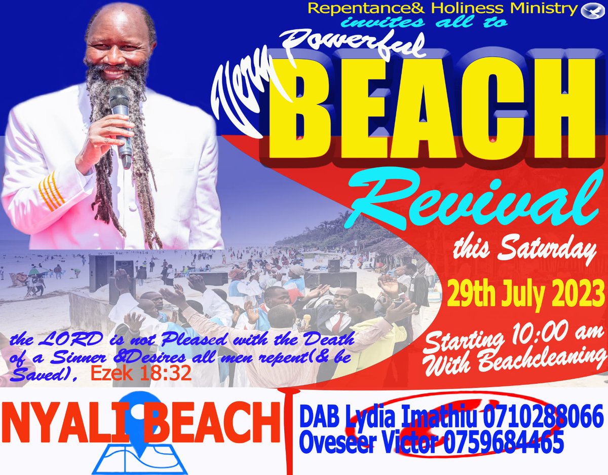 PastorIren50140's tweet photo. #NyaliBeachRevival.
 Hallelujah,the Lord of the Two MIGHTIEST PROPHETS OF JEHOVAH YAHWEH has remembered us again.
Another opportunity to Evangelise Jesus at the Beach.Who gonna miss this?🔥🔥🔥🔥🔥🔥🔥🔥🔥🔥 https://t.co/jhQmQyMYhn