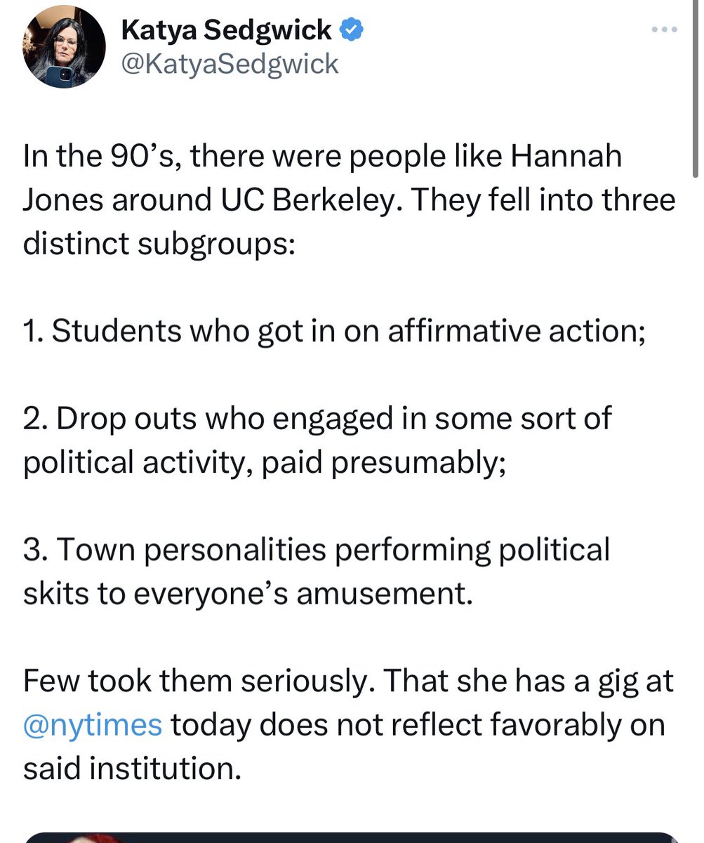 nhannahjones's tweet image. Says the woman who has drop-out in her bio. I'm sorry your career has been so insignificant despite white women being the primary beneficiaries of affirmative action. I swear attention-seeking posts like this are such glaring reveals of the tweeter's sense of inadequacy.