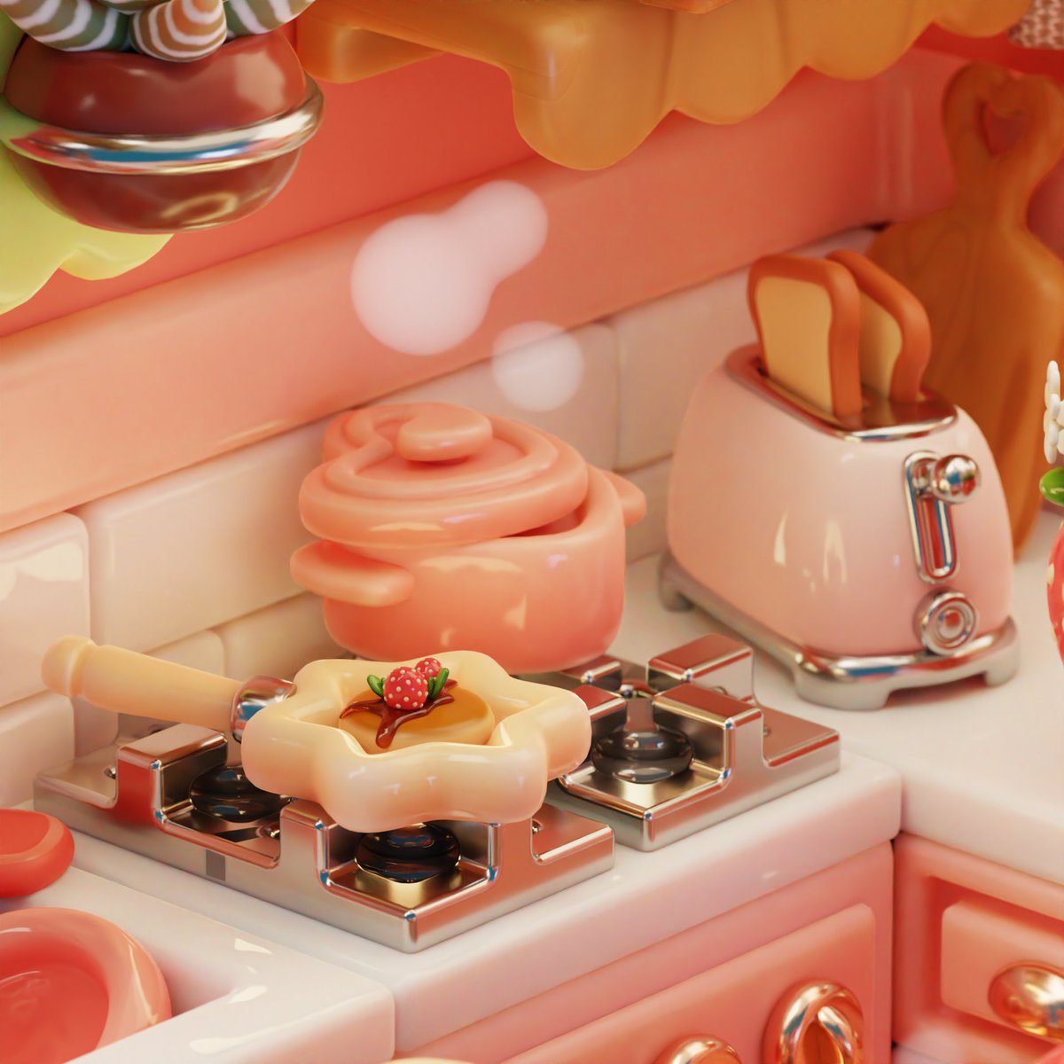Hello everyone! I'm Nastya and I make cute art in Blender. Here is a strawberry kitchen I made recently  🍓

#b3d #blender #isometric #isometricart