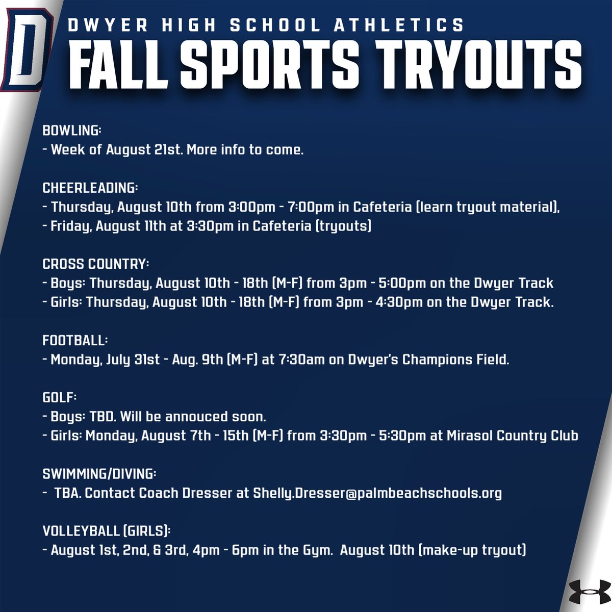 Dwyer High School Fall Sports Tryouts begin soon! You must submit all required Athletic Eligibility documents on Aktivate.com and receive a “cleared” Aktivate status to be eligible to tryout and participate in any athletic workouts or practices. #WeAreDwyer