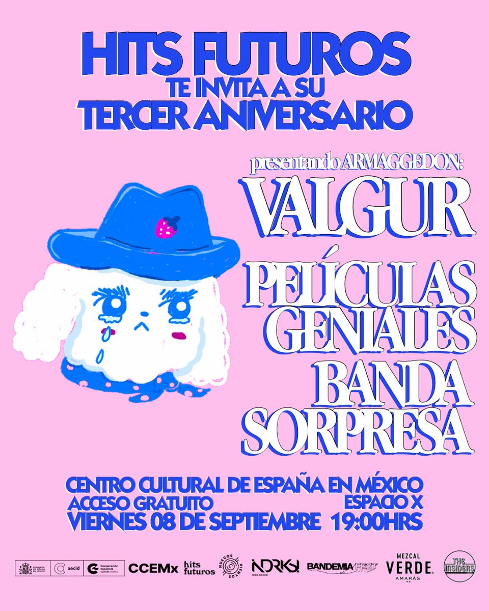 LoIntelecM's tweet photo. Hits Futuros, celebrarán su tercer aniversario el viernes 8 de septiembre, en el Espacio X del Centro Cultural de España en México, tendremos un concierto con Valgur, Películas Geniales y una banda sorpresa que anunciaremos pronto.

Entrada libre.
Hora de acceso 7:00 p.m. https://t.co/tX772t6Juf
