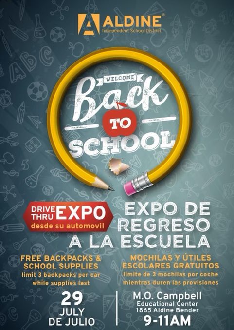 Come kickoff the new school year with us! Join <a href="/Aldine_FACE/">Aldine ISD Family and Community Engagement</a> and <a href="/AldineHeadStart/">Aldine Head Start</a> at the M. O. Campbell Educational Center this Saturday!!! 9am-11am!!! FREE School Supplies and Backpacks!!! <a href="/Griggs_AISD/">Griggs School</a> <a href="/Keeble_AISD/">Keeble Primary School</a> 
<a href="/kujawa_primary/">Kujawa Primary</a> <a href="/AldineISD/">Aldine ISD</a> <a href="/AldineHeadStart/">Aldine Head Start</a> <a href="/Aldine_FACE/">Aldine ISD Family and Community Engagement</a>
