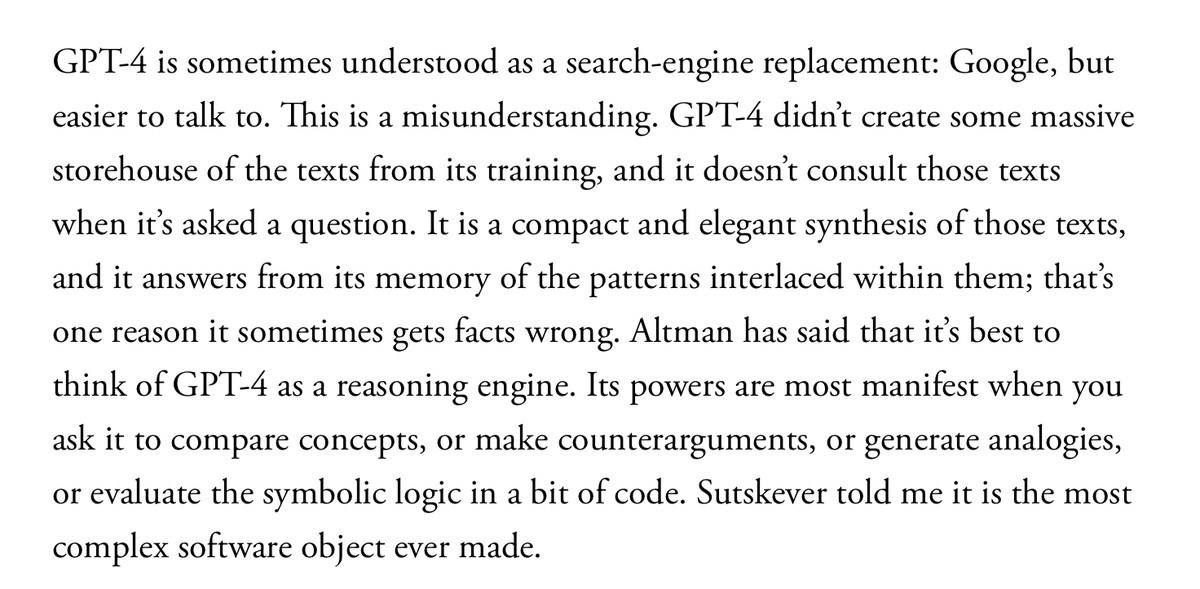 brian_donohue's tweet photo. This is by far the best article I've read on AI. 
It tries to understand what GPT actually is, and thoughtfully (not defensively) compares it to human thinking. 
It also is the best effort I've seen to tackle the super speculative and super big implications of AI. 
 https://t.co/SqG1Fbr37y