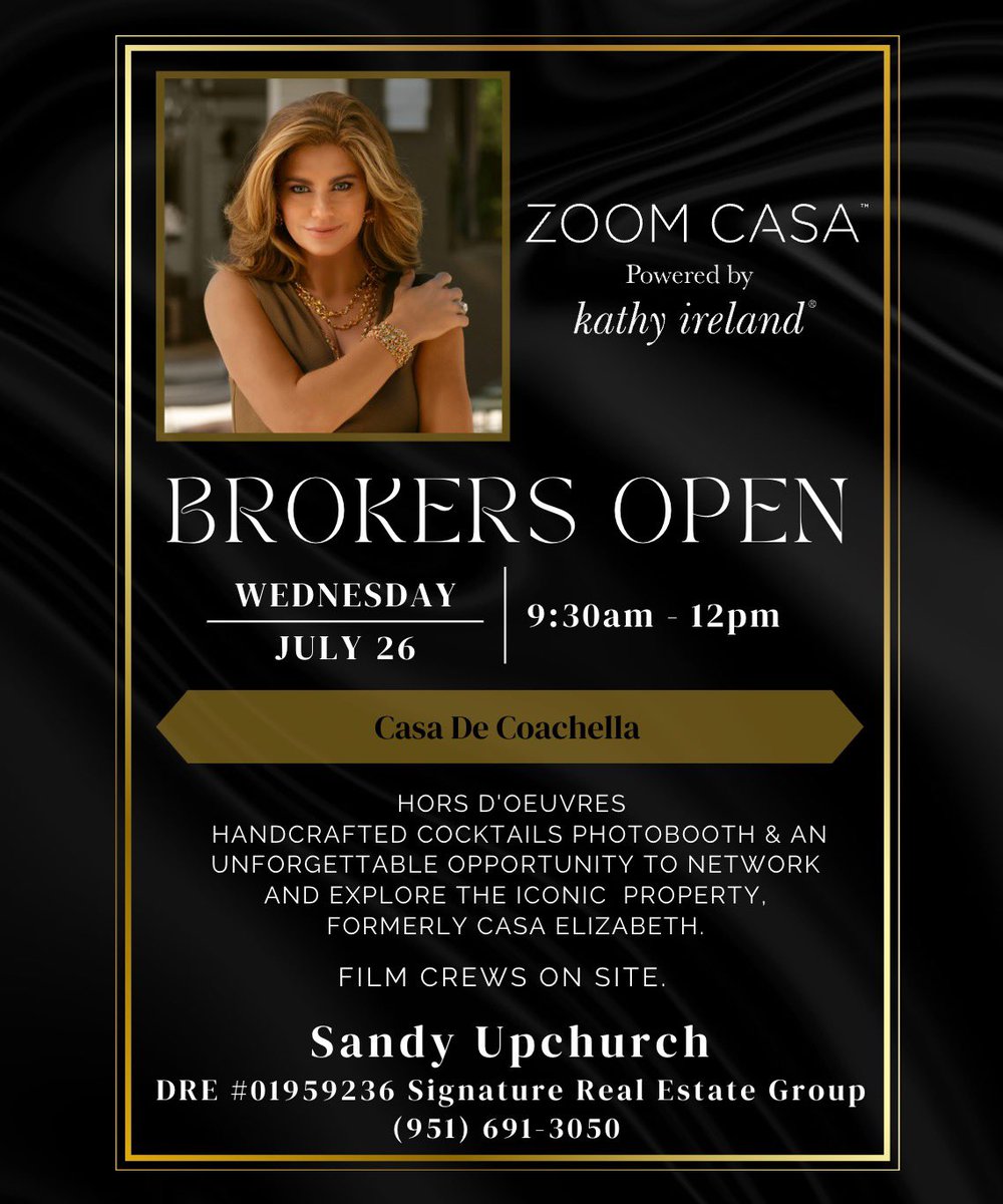kathyireland's tweet photo. On Wednesday 7/26, inviting VIP #realtors to pls join us for our
Zoom Casa Powered by kathy ireland Brokers Open @ Casa De Coachella in #PalmSprings, Formerly Casa Elizabeth. For intel, pls contact Sandy Upchurch at sandy@sandyupchurch.com. #ad ❤️ https://t.co/stBqBIjBE1