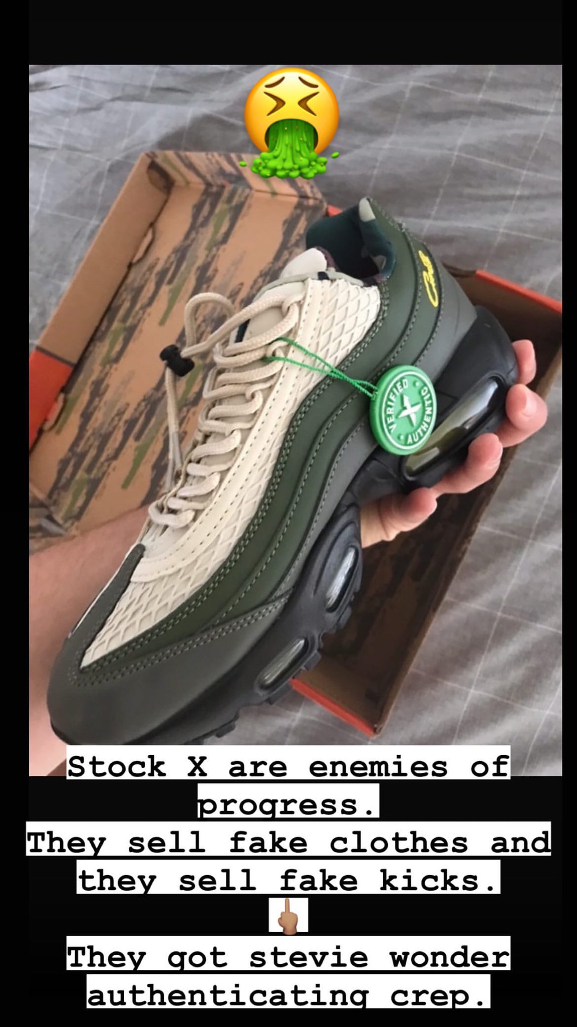 Sole Retriever on X Clint Ogbenna of Corteiz calls out stockx for selling fakes of his Air Max 95 collab. Interestingly enough StockX hasn t used the tag on the shoe that is
