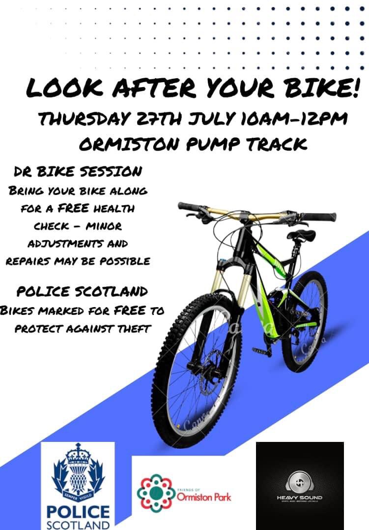 Does your bike need a little (free!) TLC?
Come along to Ormiston Park on Thursday morning 10-12, have your bike checked, get it marked in case of theft AND have a shot on our awesome pump track! In conjunction with <a href="/heavysoundCIC/">Heavy Sound</a> <a href="/PoliceScotland/">Police Scotland</a>. Please share! <a href="/ConnectedComEL/">East Lothian Council’s Connected Communities</a>