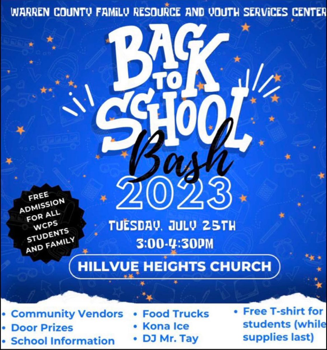 Join us for our Back to School Bash on Tuesday, July 25, 2023 from 3:00-4:30 p.m. at Hillvue Heights Church! #PreschooltoProfession #BigDistrictBigOpportunities