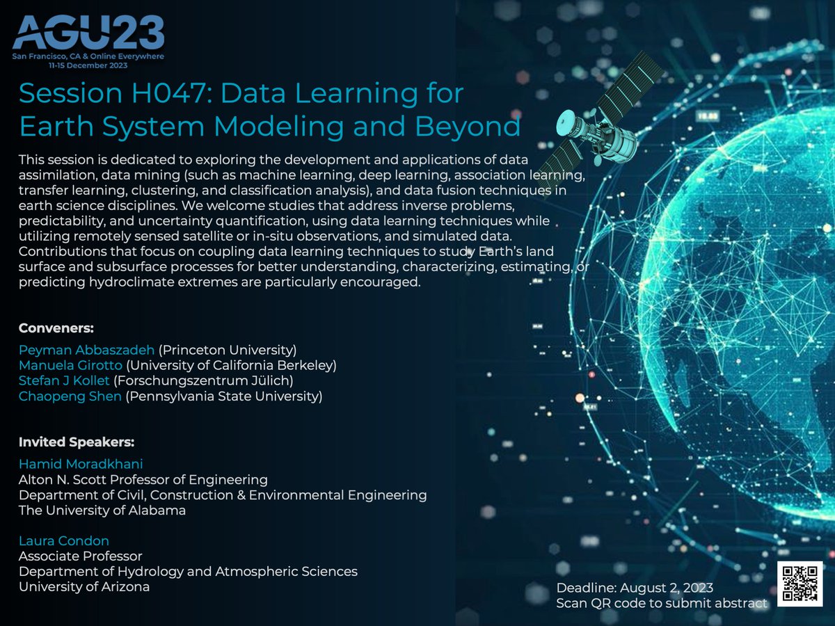 AGU Hydrology H3S (@agu_h3s) on Twitter photo H047 - Data Learning for Earth System Modeling and Beyond by <a href="/P_Abbaszadeh/">Peyman Abbaszadeh</a>, <a href="/ManuGiro/">Dr. Manuela Girotto</a>, <a href="/ChaopengShen/">Chaopeng Shen</a>, @stkollet
agu.confex.com/agu/fm23/preli… H047 - Data Learning for Earth System Modeling and Beyond by <a href="/P_Abbaszadeh/">Peyman Abbaszadeh</a>, <a href="/ManuGiro/">Dr. Manuela Girotto</a>, <a href="/ChaopengShen/">Chaopeng Shen</a>, @stkollet
agu.confex.com/agu/fm23/preli…