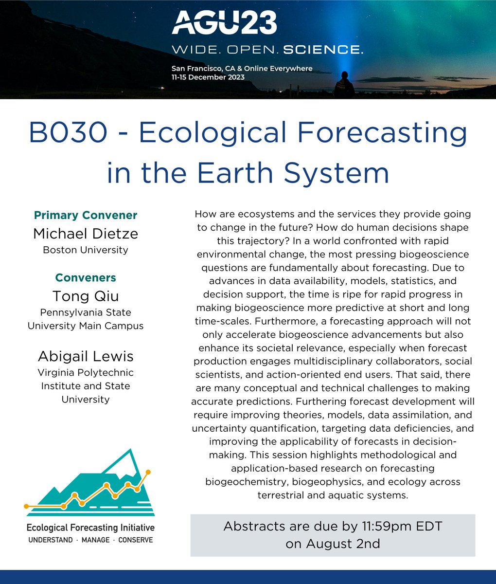 AGU Hydrology H3S (@agu_h3s) on Twitter photo B030 - Ecological Forecasting in the Earth System by <a href="/mcdietze/">Michael Dietze</a>, <a href="/tongqiu_geog/">Dr. Tong Qiu</a> and <a href="/lewis_lakes/">Abby Lewis</a> B030 - Ecological Forecasting in the Earth System by <a href="/mcdietze/">Michael Dietze</a>, <a href="/tongqiu_geog/">Dr. Tong Qiu</a> and <a href="/lewis_lakes/">Abby Lewis</a>