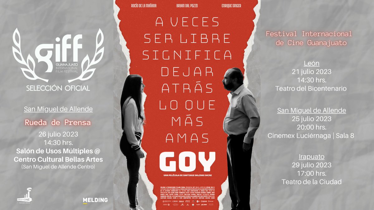 ¡Recuerda!

Aún hay funciones de #Goy, ópera prima de <a href="/santiagofilm/">Santiago Salinas</a>, en el <a href="/giffmx/">Guanajuato Film Fest</a> #GIFF2023. Te esperamos mañana martes, 25 de julio, en San Miguel de Allende, y sábado 29 de julio en Irapuato.

Ademas, el miércoles 26 de julio tendremos Rueda de Prensa en San Miguel de Allende.