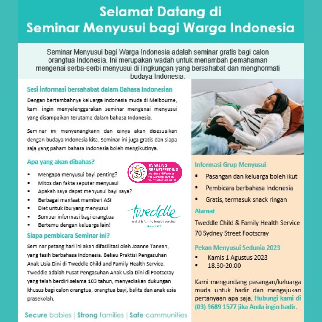 Tweddle's #Bahasa #Indonesian speaking EPP Joanne will be delivering a #Breastfeeding for Indonesians' session for World Breastfeeding Week.  Join us at Tweddle Thurs 1st Aug, 6.30-8pm for individuals/couples. Phone on (03) 9689 1577 to reserve your place. <a href="/OzBreastfeeding/">ABA</a>