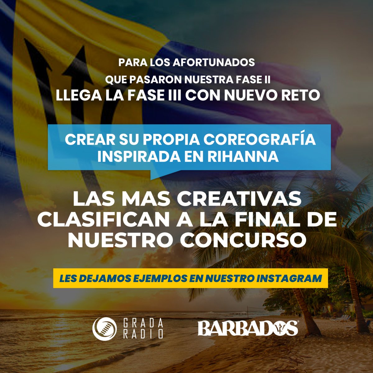 A todos los afortunados participantes que pasaron la fase II de nuestro concurso Destino Paraíso: Aventura Barbados, es hora de que participen en la Fase III. Deben crear su propia coreografía inspirada en Rihanna, las mas creativas clasifican a la final de nuestro concurso.
