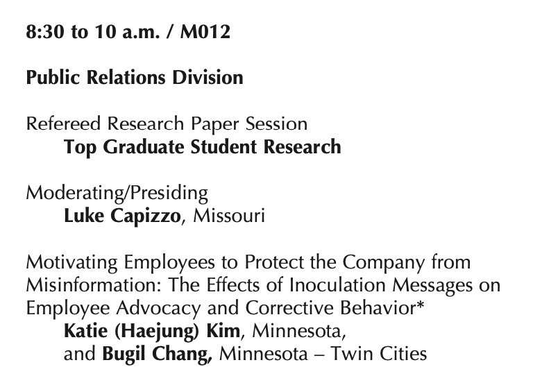 katie_h_kim's tweet photo. Excited to present two papers with @Bugil__Chang in two weeks in DC!🌟
1⃣Honored to present 1st Top student awarded paper on internal crisis communication @AEJMC_PRD 
2⃣Thrilled to present a paper with a computational method approach to understand nostalgic ads @AejmcAdDivision https://t.co/UsZc096vAo