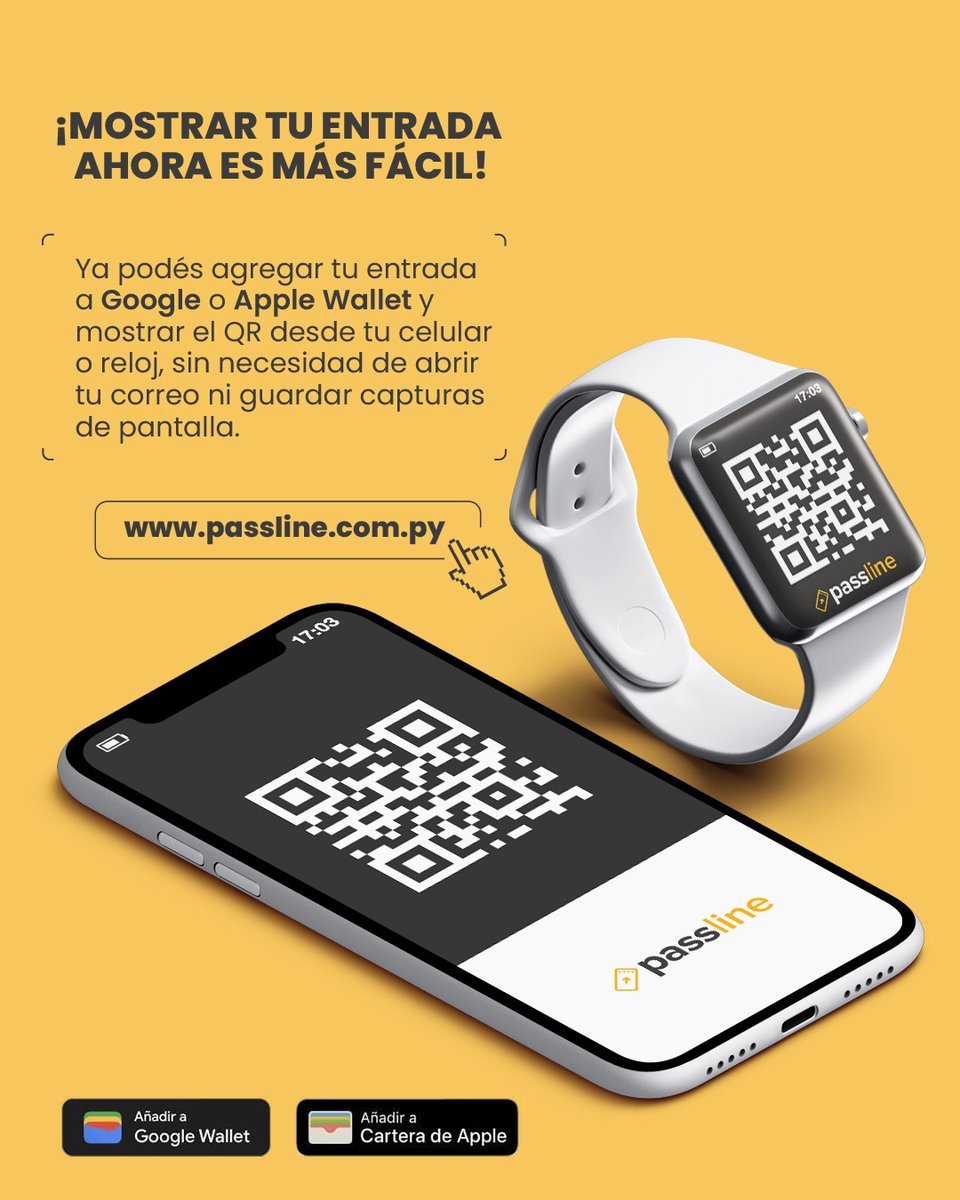 Presentá tu entrada al evento de la manera más fácil desde Google o Apple Wallet 👇🏻

Entrá a passline.com.py y encontrá el ticket que buscás.