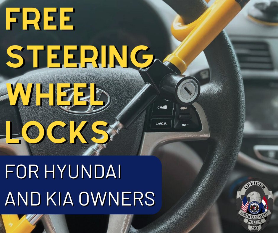 nkcpolice's tweet photo. We are still seeing a large amount of certain Kia and Hyundai vehicles stolen or attempted to be stolen in town.  If you live or work in North Kansas City &amp; own one of the eligible vehicles, please come to the station for a free steering wheel lock. https://t.co/iEIUEccHjX