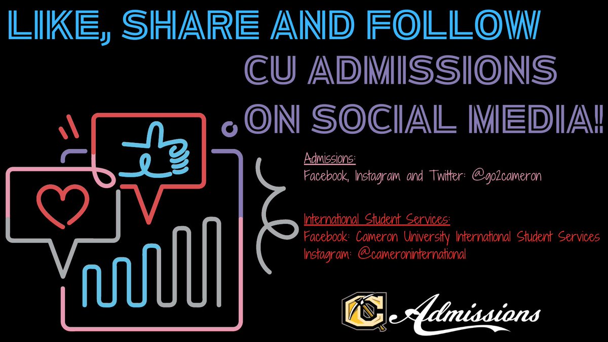 go2cameron's tweet photo. Be sure to follow CU Admissions on social media 📲 for all of the latest news and updates! ⛏️💛🖤🤙#cuhere #cameronuniversity #aggies https://t.co/4tUqc1sFta