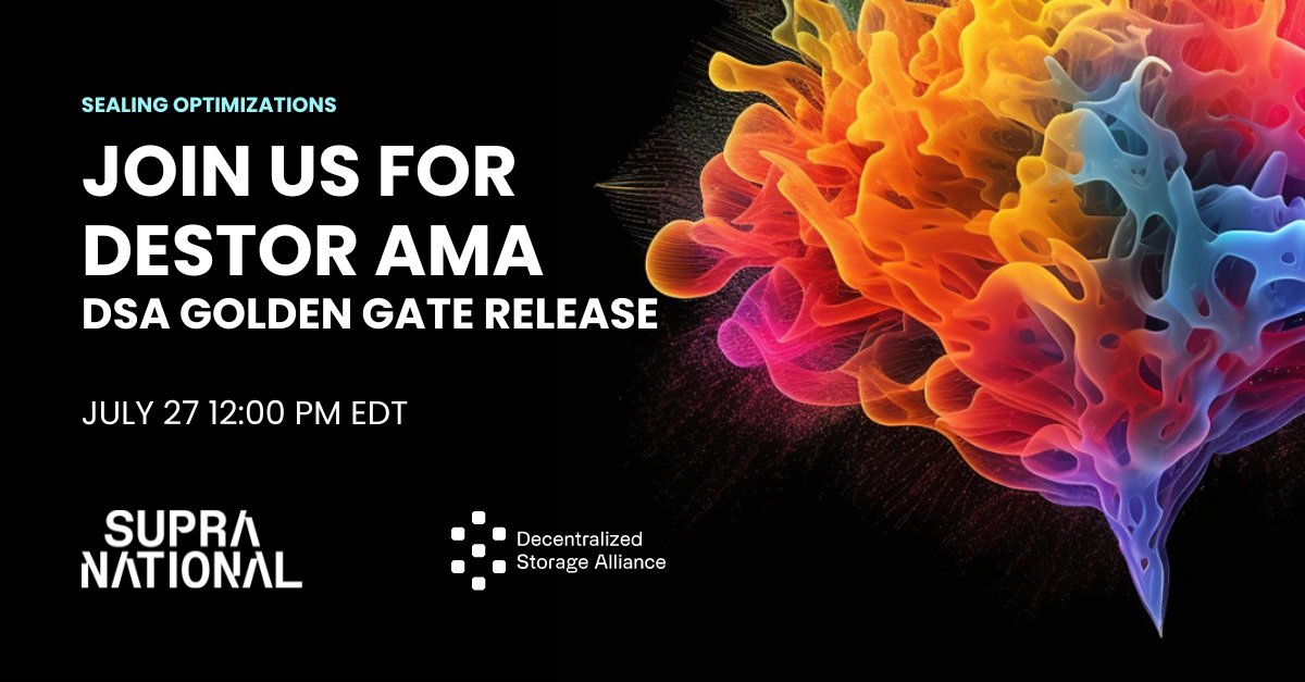 📣Join us for the first-ever DSA Release - Golden Gate 🌉 AMA Live Session: July 27th, 12pm EDT. Featuring insights from the <a href="/_DSAlliance/">Decentralized Storage Alliance</a> <a href="/_Supranational/">Supranational</a> on sealing optimizations. Register: hubs.la/Q01YJhf80